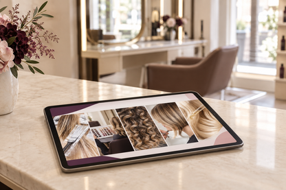 Tablet appoggiato sul piano di un salone, con schermata editoriale che illustra i temi dei cinque manuali digitali